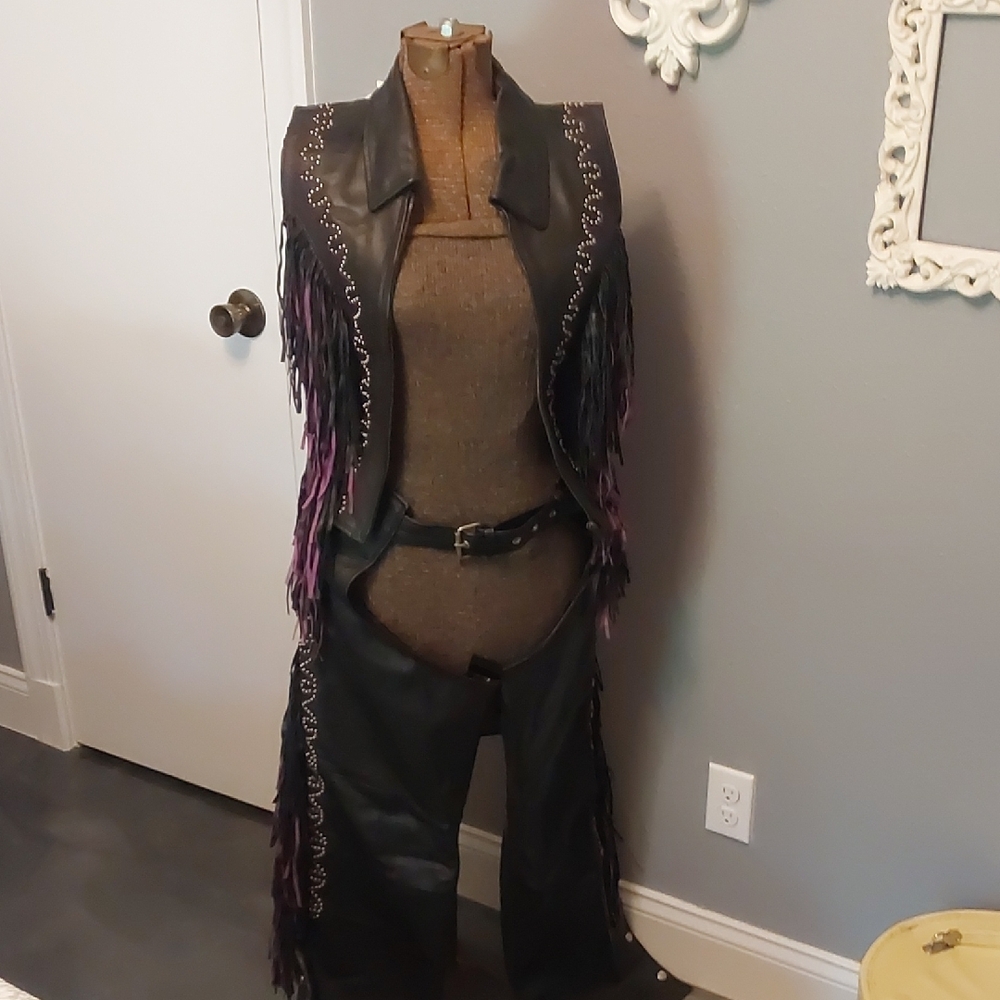 Leather Gallery Black and Purple Leather Fringe Vest And Chaps